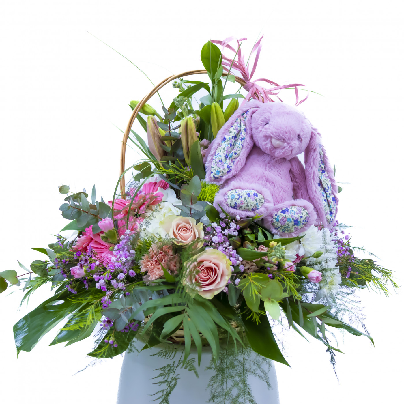 Comprar Cesta de flor variada con peluche Barcelona